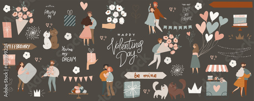 A set of postcards for Valentine's Day. Cute illustrations. Couple in love. Cute elements for holiday cards	
