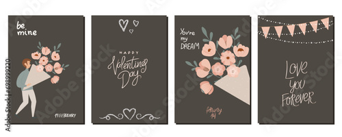 A set of postcards for Valentine's Day. Cute illustrations. Couple in love. Cute elements for holiday cards	