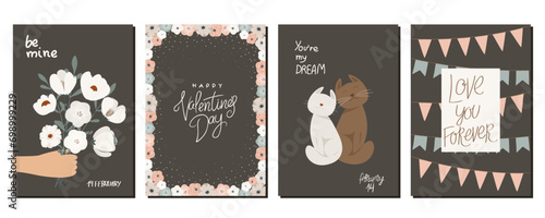 A set of postcards for Valentine's Day. Cute illustrations. Couple in love. Cute elements for holiday cards	