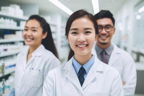 young asian pharmacy team smiling 