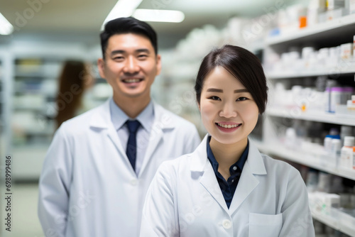 young asian pharmacy team smiling 