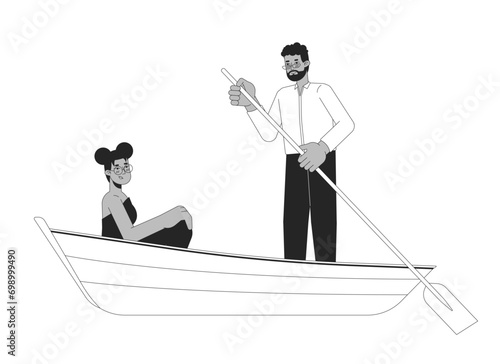 African american heterosexual couple on romantic boat ride black and white 2D line cartoon characters. Lovesick sweethearts isolated vector outline people. Romance monochromatic flat spot illustration