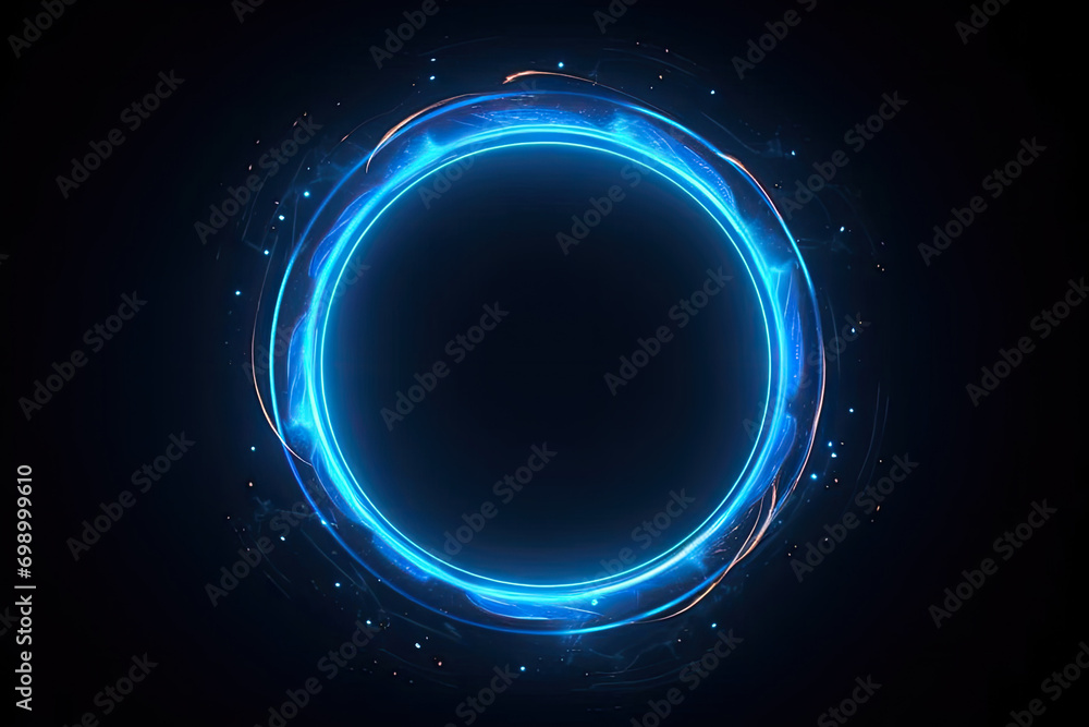 blue circle light frame on black background.Blue light effects on round placeholder for your text on dark background.a blue glowing circle.for futuristic or technology-themed designs. - obrazy, fototapety, plakaty 