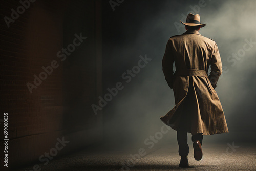 Old fashioned secret agent detective retro trench coat hat glasses Generative AI motion picture retro movie photo