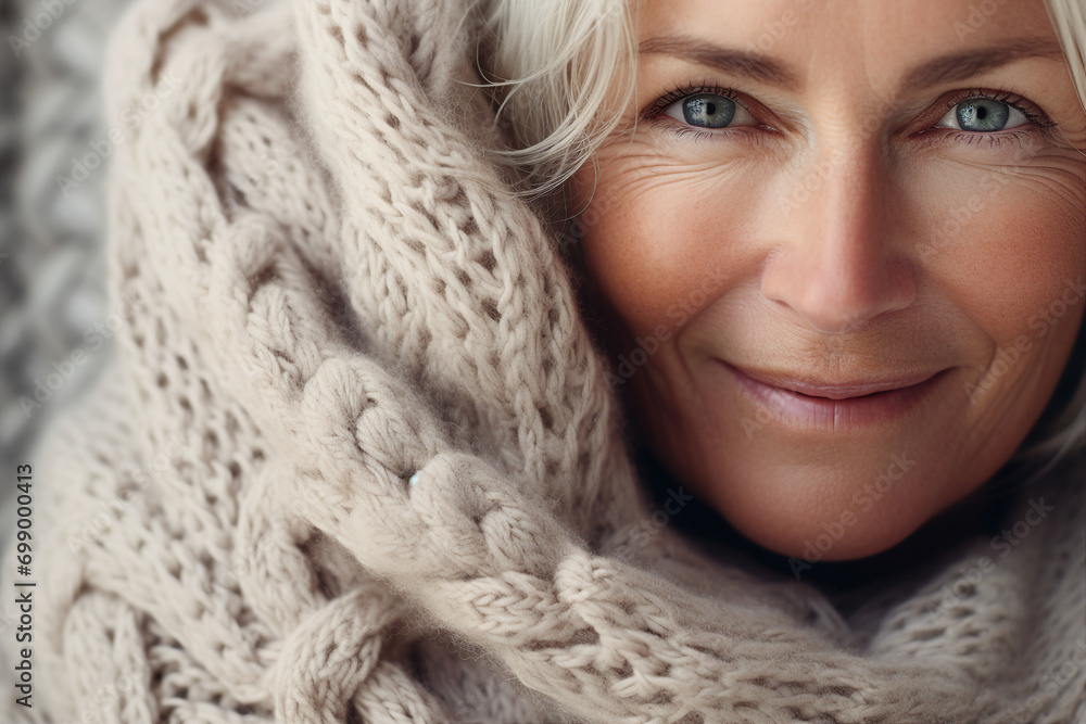 AI generated portrait of mature woman pensioner face wrapped in warm cosy blanket AI generated portrait of mature woman pensioner face wrapped in warm cosy blanket