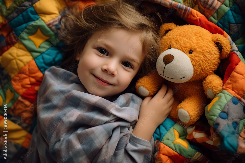 AI generated portrait of cute sweet child wrapped in warm colorful blanket lying in bed at home AI generated portrait of cute sweet child wrapped in warm colorful blanket lying in bed at home