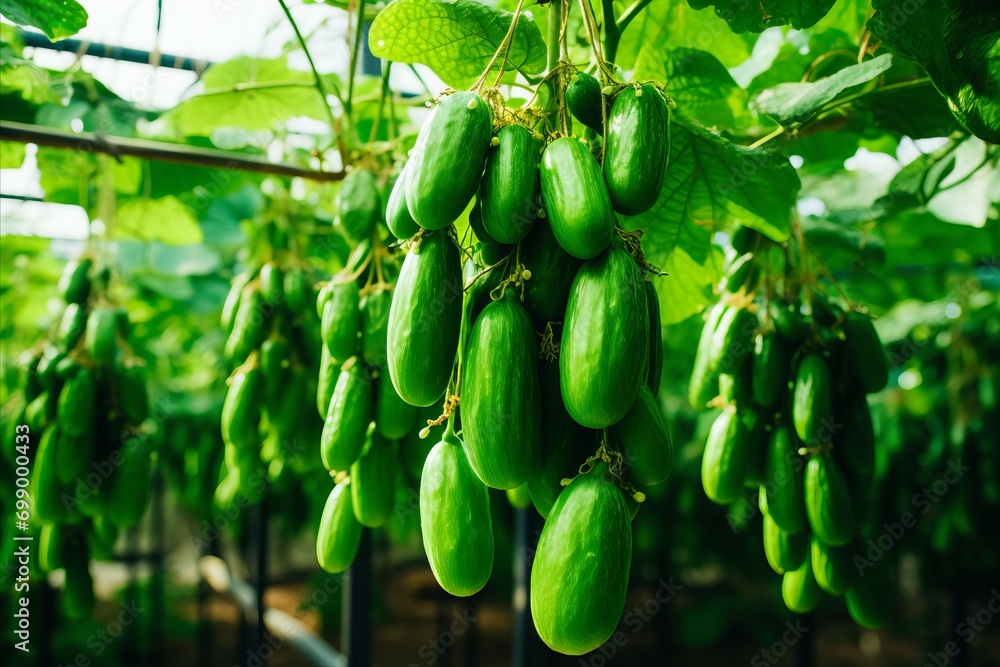 Close-Up of Cucumbers Growing in a Greenhouse, Showcasing Vibrant Green Color and Intricate Details Close-Up of Cucumbers Growing in a Greenhouse, Showcasing Vibrant Green Color and Intricate Details