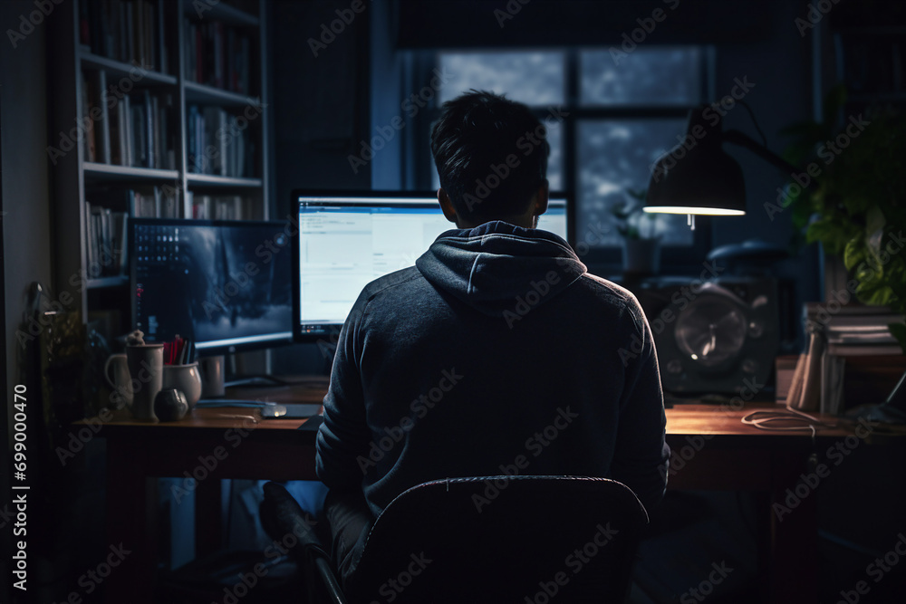 Secret hacker organization workplace data IT specialist near big screen with code Generative AI Secret hacker organization workplace data IT specialist near big screen with code Generative AI