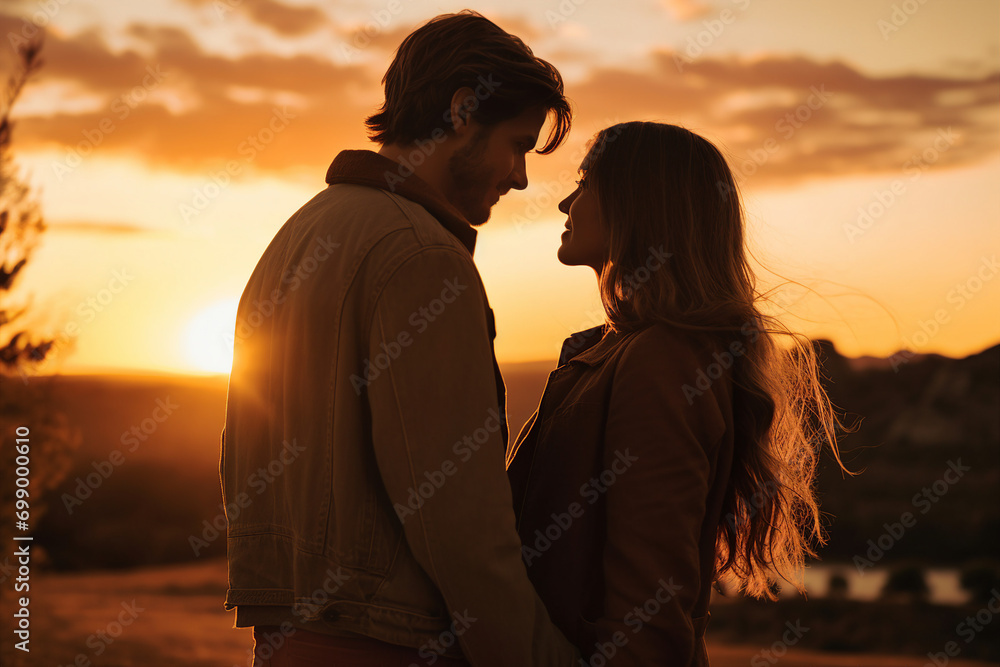 Generative AI portrait of romantic scene of young couple kissing against golden sunlight