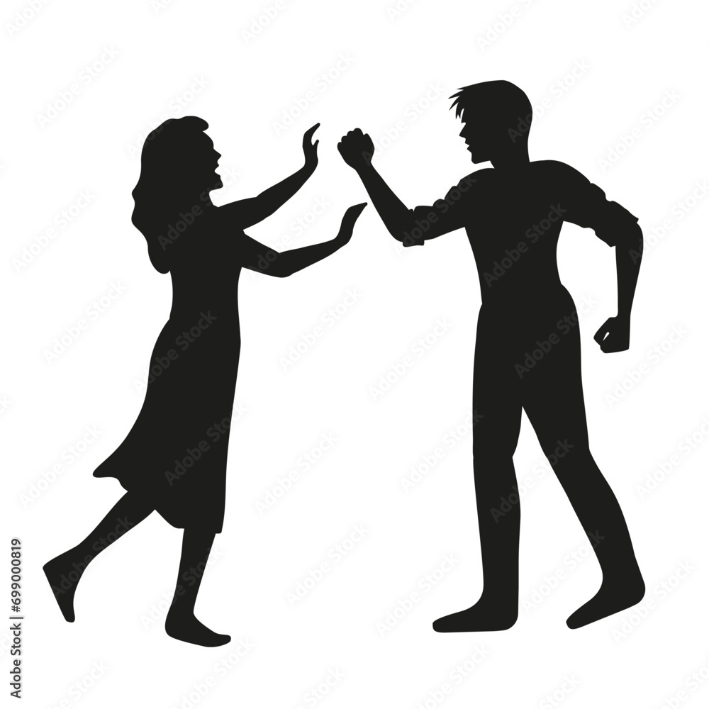 Two editable silhouettes of aggressive man and frightened woman, symbolizing stalking and sexual violence. Domestic violence and sexual harassment. married couple. Victim Protection Charity