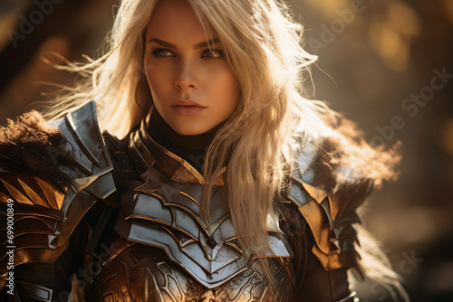 Portrait of beautiful amazon confident warrior in metallic protective costume generative AI technology