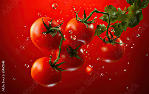 Lots of fresh tomatoes tomatoes levitating in air on red background. .tomatoes with water dropsperfect for food blogs, recipe books, cooking websites, and any content related to fresh and healthy eati