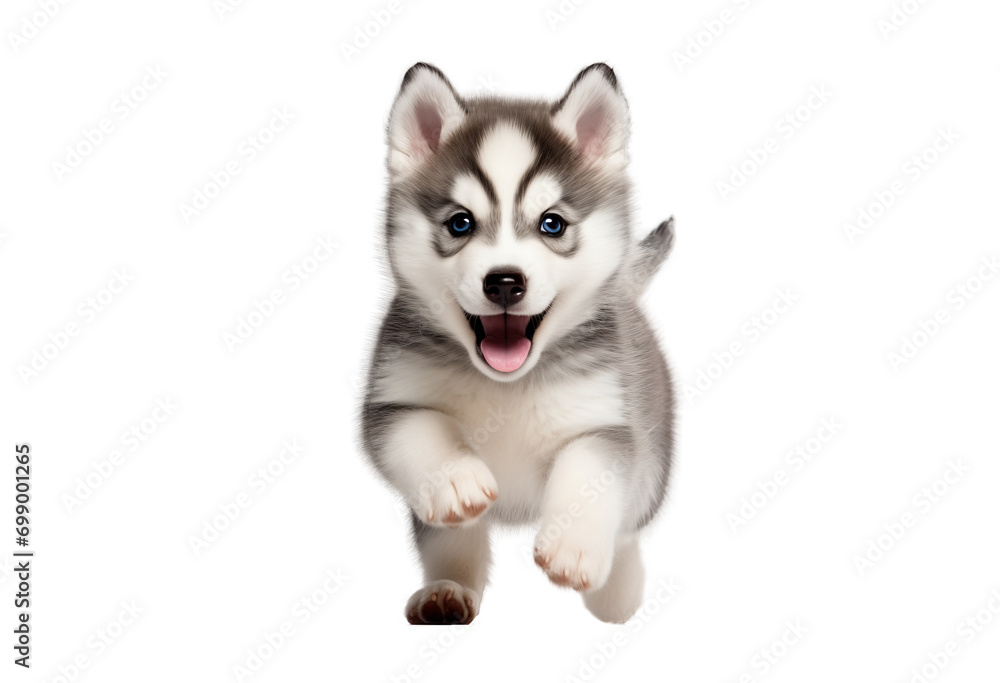 Siberian Husky dog puppy with blue eyes running on transparent background Siberian Husky dog puppy with blue eyes running on transparent background