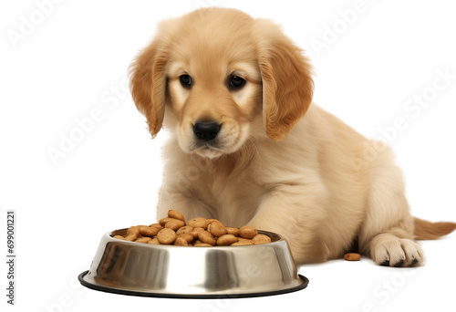 golden retriever puppy dog eats dog food from his bowl