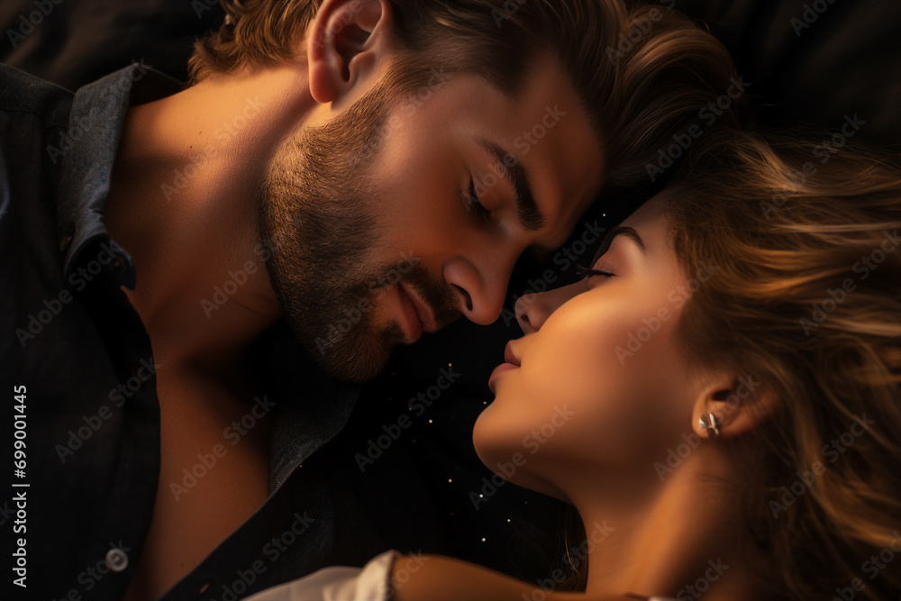 Generative ai photo image of heterosexual couple kissing in bed valentine day concept Generative ai photo image of heterosexual couple kissing in bed valentine day concept