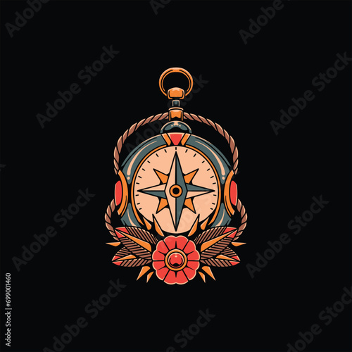 compass flower tattoo vector design