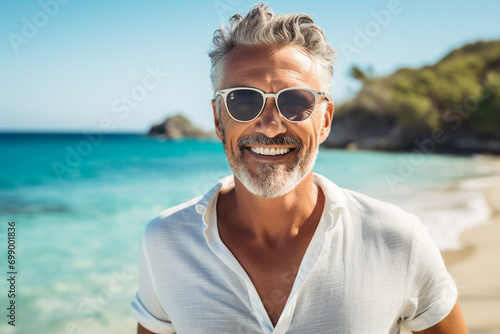 Generative AI portrait of beautiful landscape summer paradise exotic island traveler joy