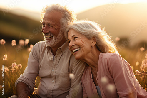 AI generated picture image of two happy people wife and husband at evening enjoying sunset romantic moment