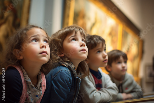 Generative AI technology picture people have art day visiting museum paintings gallery