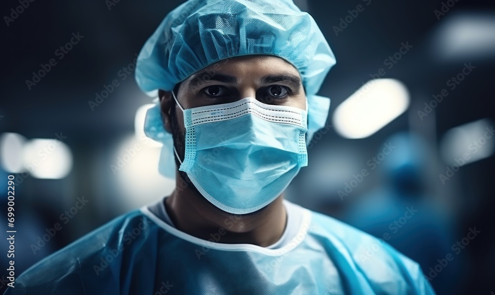 A surgeon in a sterile uniform is present in the surgery theater A surgeon in a sterile uniform is present in the surgery theater