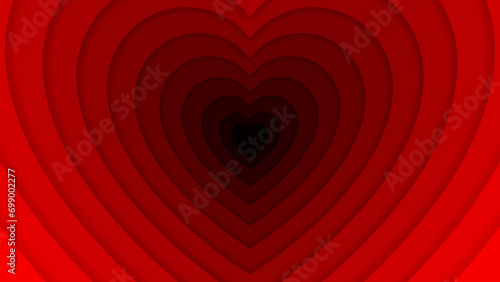 Romantic love heart tunnel background. Vector mesmerizing heart-shaped frame with dimension layers in red, glowing hues, symbolizes the journey of love, creating a dreamlike and enchanting atmosphere
