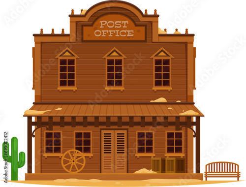 Western Wild West town post office cartoon building. Cowboy city street vector scene with old wood two storey house. Vintage Western post office with parcels on porch, cactus, wagon wheel and bench