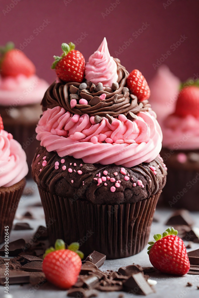 Chocolate cupcakes with strawberry and chocolate chips on a pink background