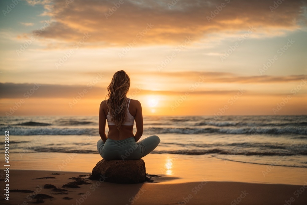 Young woman practicing yoga on the beach at sunset. Healthy lifestyle concept