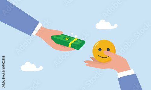 Businessman hand offer money to buy happiness smile face, money can buy happiness, philosophy or life success dilemma, financial goal vs work life balance and enjoy life concept.