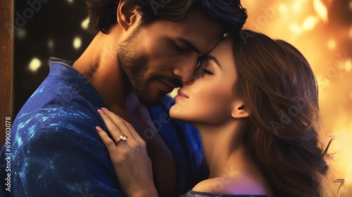 Cover captivating fantasy romance novel with a painting of a mystical world and two lovers embracing under a vibrant sunset.