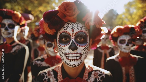 Diverse group of Mexican individuals wearing vibrant costumes in celebration of Mexico's day of the dead (dia de los muertos en MÃ©xico). photo