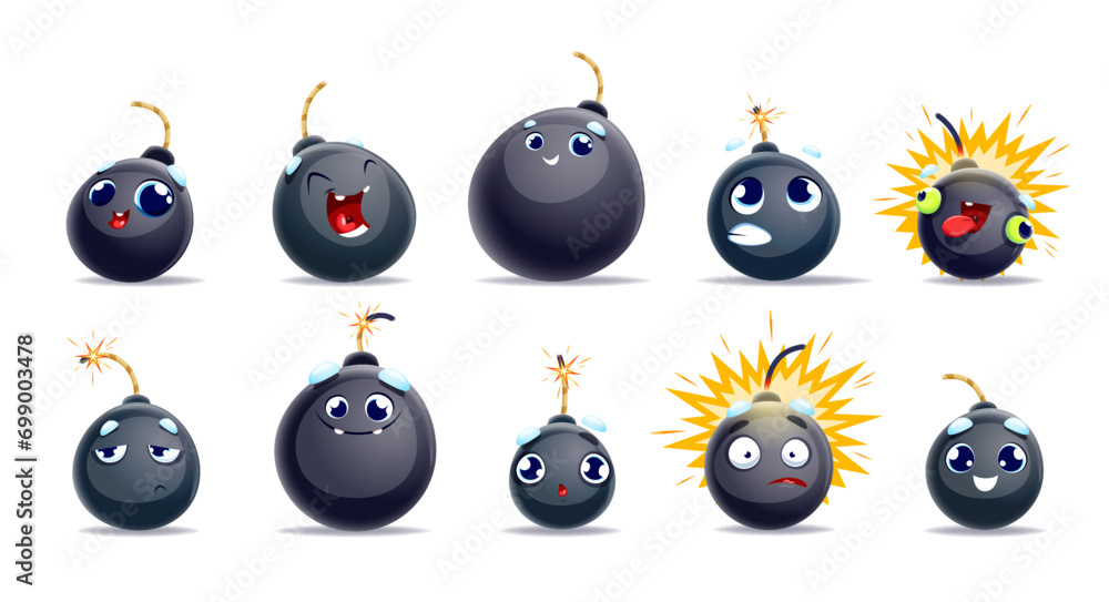 Cartoon bomb characters with wick or fuse. Explosive, weapon personages and burst. Vector set of funny emoticons express emotions of excitement, surprised, laugh, happiness, shock and confusion - obrazy, fototapety, plakaty 