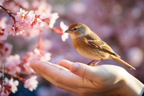 A sparrow in the palms of her hands in spring against the background of blossoming trees © Jam