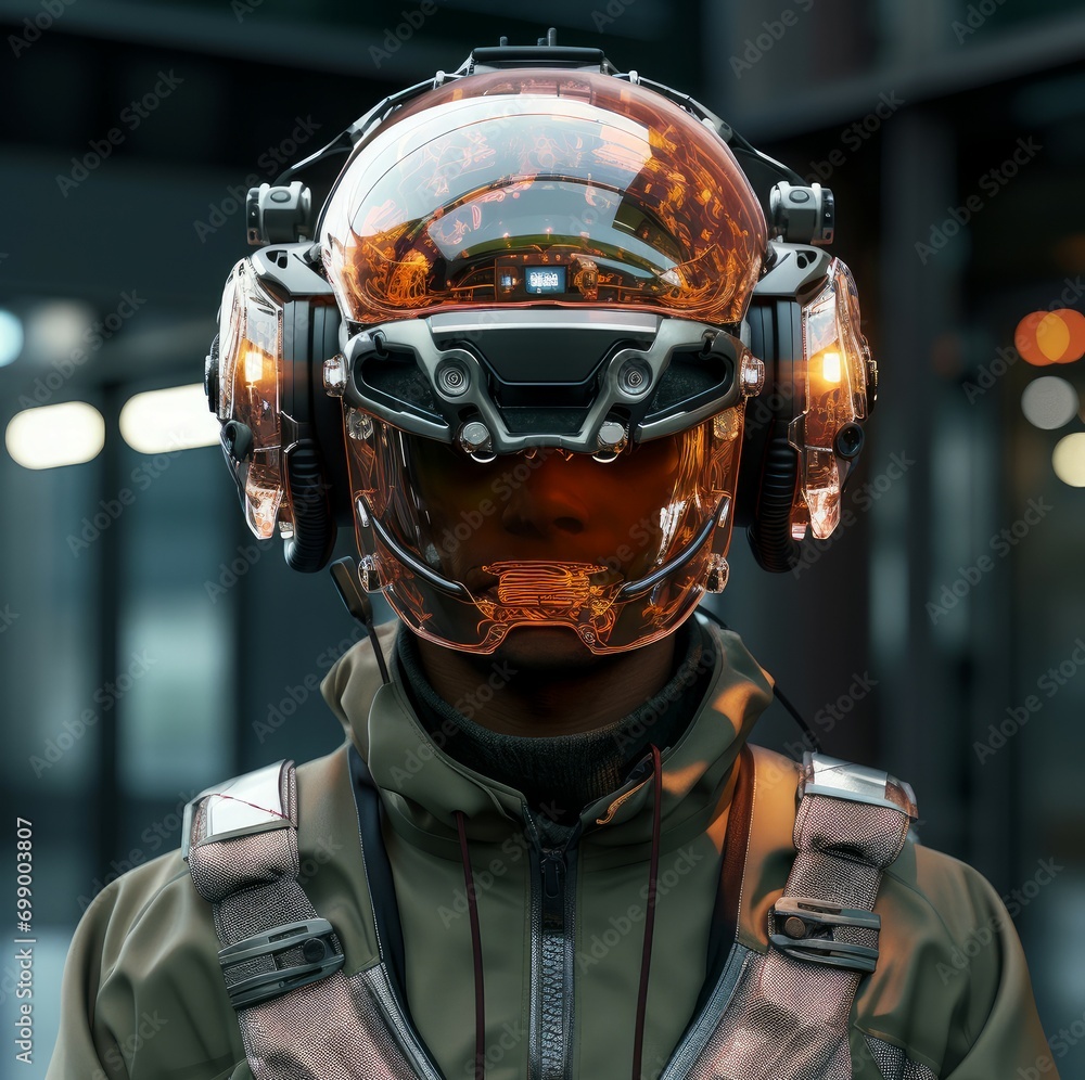 Stylish Man cyber helmet. Play neon game. Generate Ai Stylish Man cyber helmet. Play neon game. Generate Ai