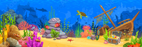 Underwater cartoon landscape. Animals, fish, seaweeds and corals. Underwater life background, aquarium or seascape vector backdrop with sunken ship, treasure chest and fish shoals, algae plants