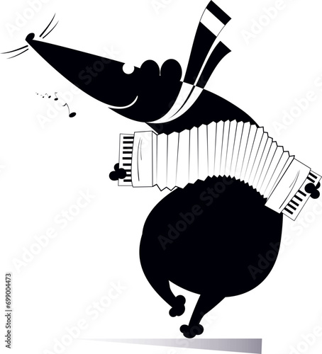 Cute rat or mouse playing accordion and singing. 
Cartoon rat or mouse performing music on the accordion with inspiration. Black and white illustration
