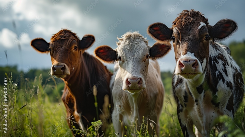 AI generated illustration of three cows standing in a field of lush, verdant grass