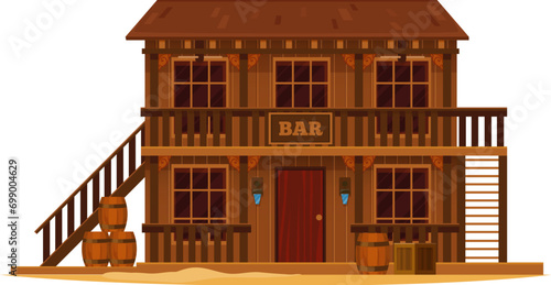 Western Wild West town bar cartoon building. Vector Texas cowboy saloon or pub with brown wood facade and barrels. Wild West country street old two storey building with wooden porch, stairs and door