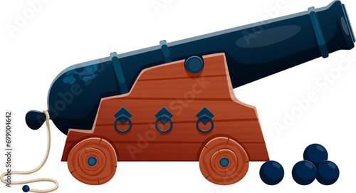Cartoon cannon, formidable pirate weapon of war, boasts metal barrel mounted on wheels, ready to unleash destructive power with explosive force. Isolated vector historical significance on battlefields