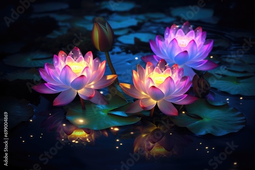 Beautiful lotus in the pond at night with reflection in water  Glowing lotus flowers  AI Generated