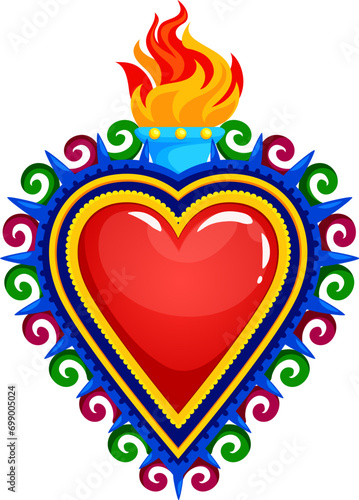 Mexican sacred heart tattoo and symbol. Isolated cartoon vector flaming heart encircled by thorns, signifies deep devotion, love and endurance in Mexico culture merging catholic and indigenous beliefs