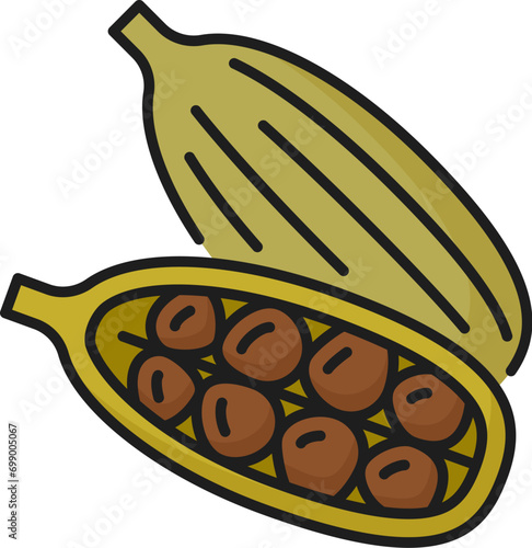 Cardamom pods and seeds color outline icon. Vector spicy seasoning ingredient, raw fragrant cardamum seasoning, organic plant