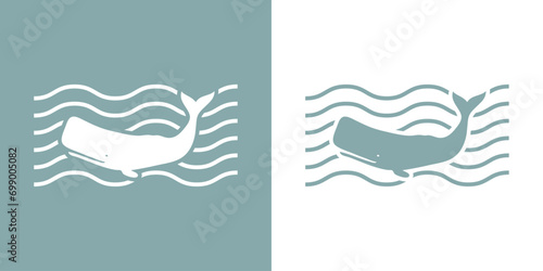 Logo Nautical. Silueta de cachalote con olas de mar