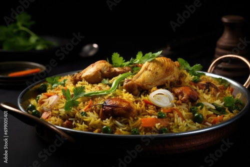 Rice with chicken and vegetables on black background. Indian cuisine, Indian chicken biryani with rice and vegetables on a black background, AI Generated