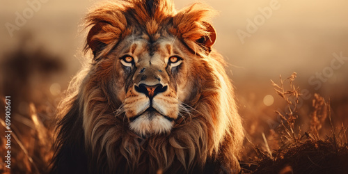 close up of a lion, Portrait of  lion on blurred background © Planetz