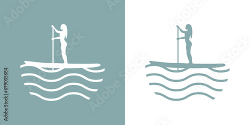 Logo club de paddle surf. Silueta de mujer de pie en tabla de paddle surf con remo con olas de mar	