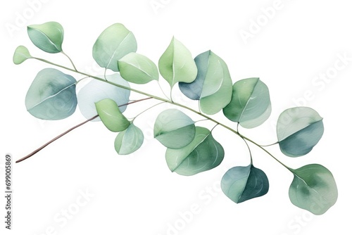 Watercolor eucalyptus branch isolated on white background, Green floral card in watercolor with silver dollar eucalyptus leaves and branches isolated on a white background, AI Generated