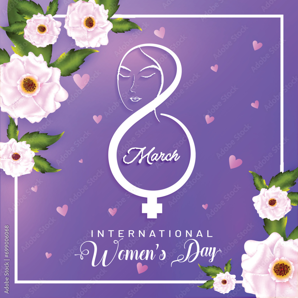 Beautiful Creative Number of Eight with Woman Face and Venus Sign, White Flower Decorated Purple Background for 8th March, International Women's Day Celebration Concept.