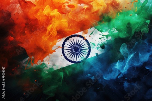 National flag of India with a cloud of colored smoke on a black background, Indian flag colors tech wallpaper, AI Generated photo
