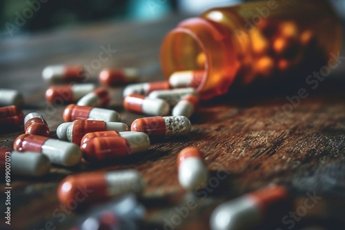 Cápsulas farmacéuticas rojas y blancas esparcidas sobre una superficie de madera photo